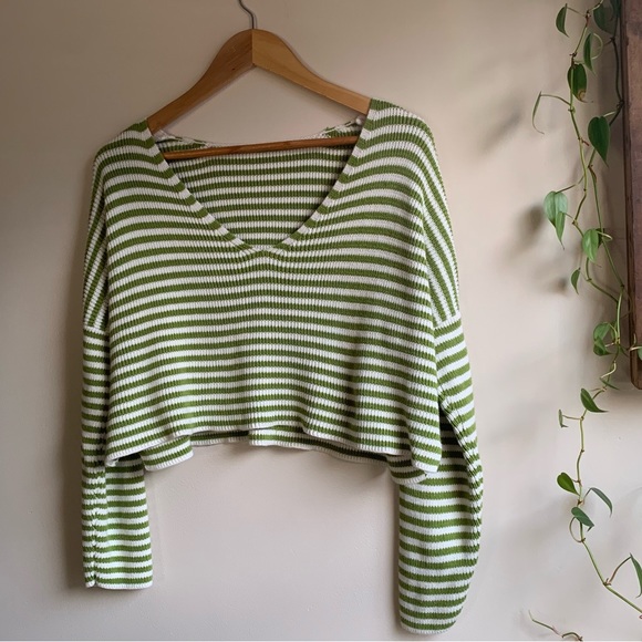 Tops - Cropped Avocado and White Striped Knit